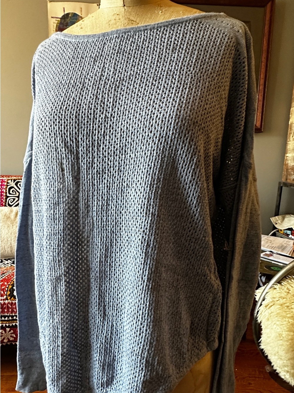 Prana Dusty Blue Mesh-knit Off-Shoulder Sweater
